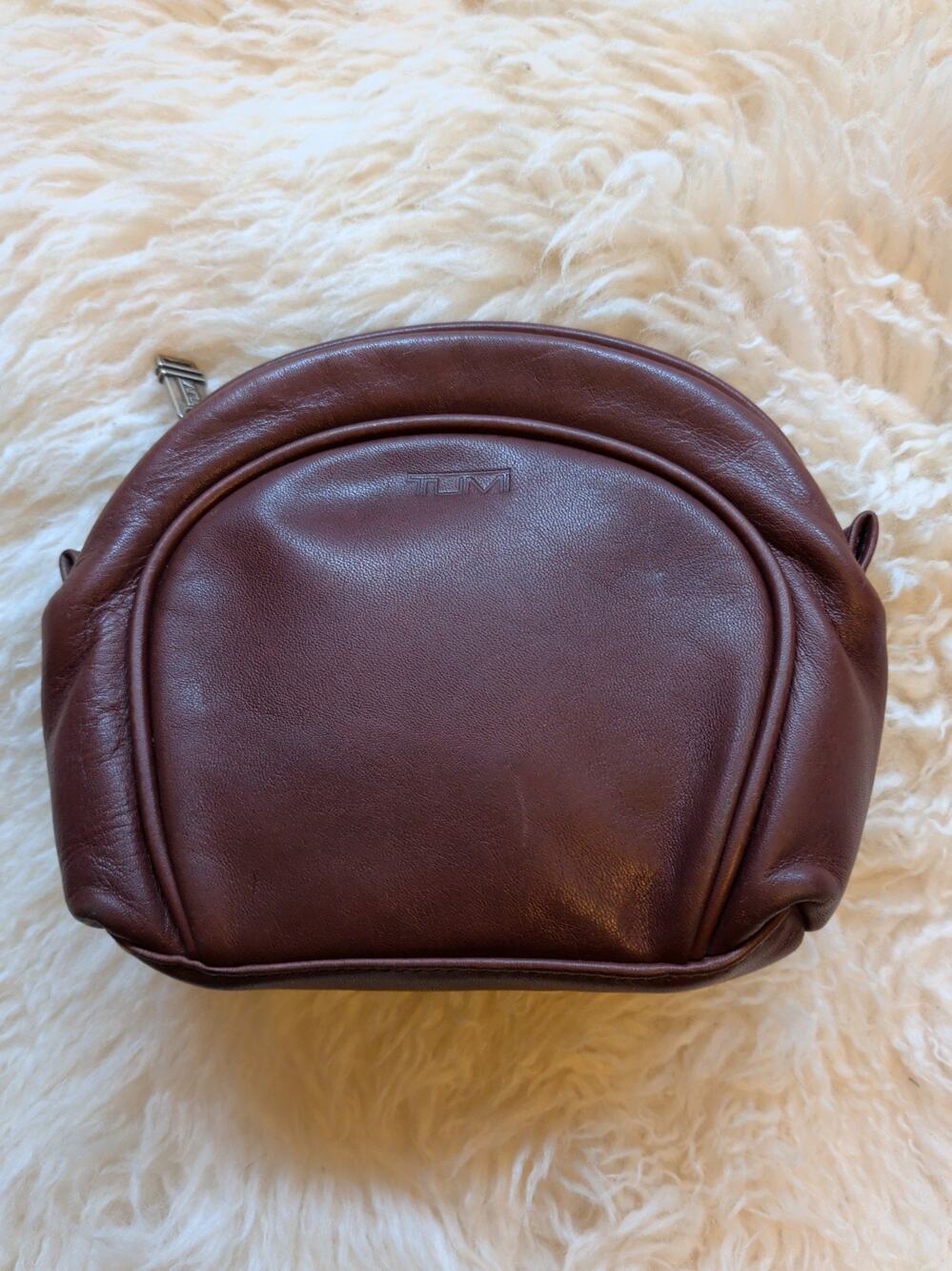 Tumi Vintage Brown Full Grain Leather Half-Moon Cosmetic Case Toiletry Bag